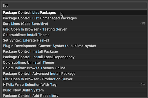Command Palette 입력창에서 “Package Control: List Package” 클릭