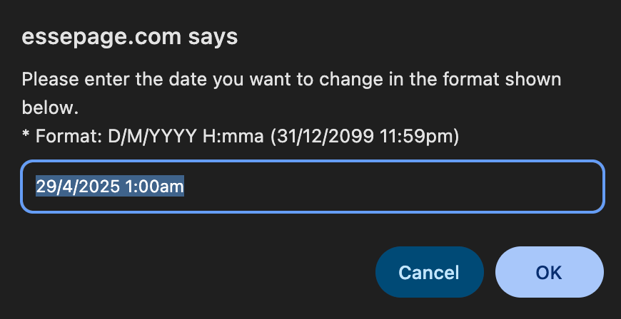 Date input dialog from essepage.com asking to enter a date in the format D/M/YYYY H:mma.